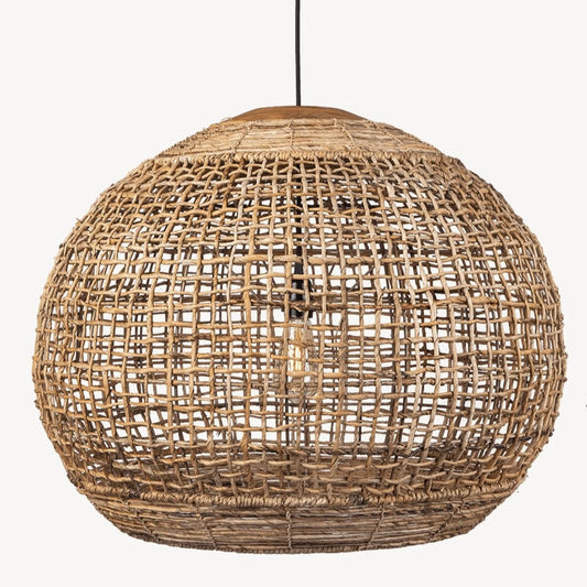 A handwoven pendant light shade made of banana-abaca plant fiber with a reclaimed teak wood top, in a round shape, intended to diffuse light.