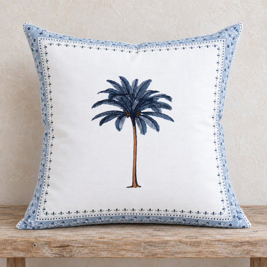 Imperial Palm Linen Pillow – Blue