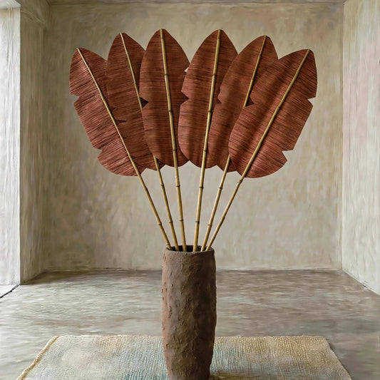 Burgundy Handmade Decorative Leaf – Natural Woven Wall & Floor Accent with Bamboo Stem