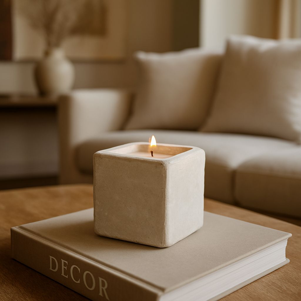Square concrete candle holder with a lit candle on top of a book titled 'Decor' in a cozy living room.