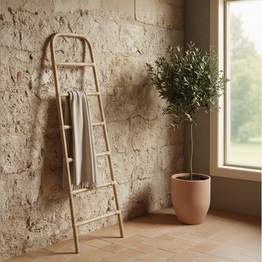 Rustic interior with a ladder, plant, and stone wall.