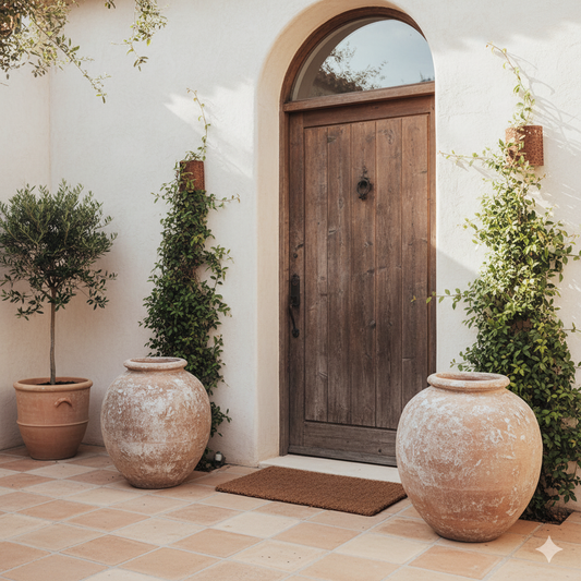 Decorative outdoor setting with terracotta pots and a wooden door.
