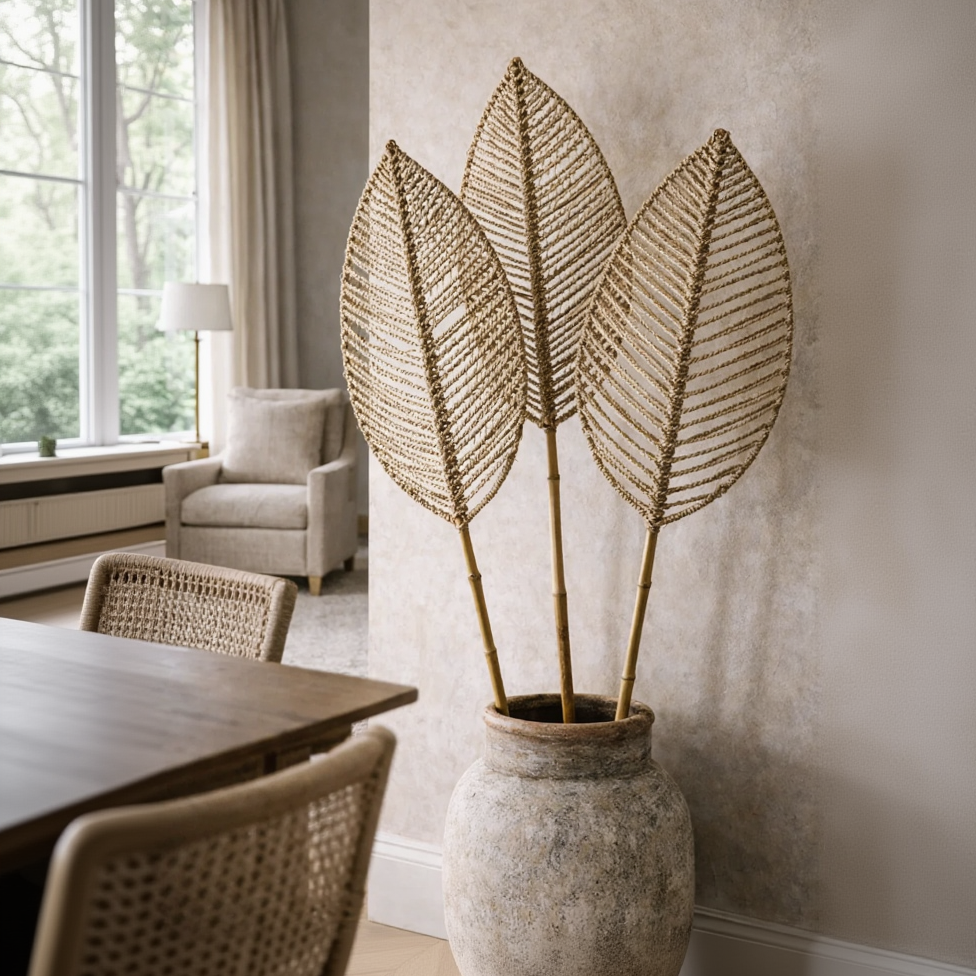 Decorative leaf-like plants in a pot on a table with a neutral background