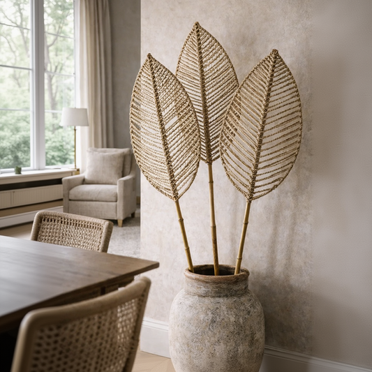 Decorative leaf-like plants in a pot on a table with a neutral background