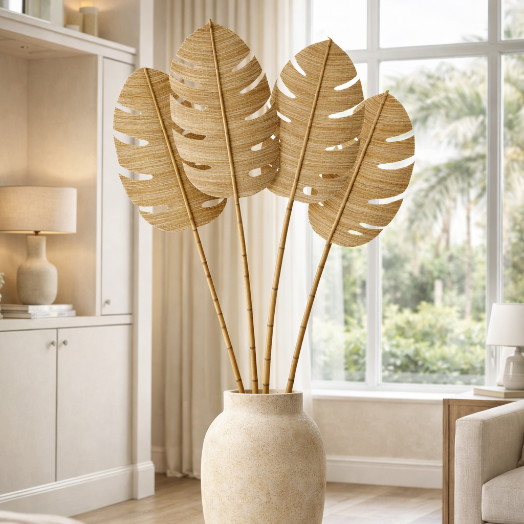 Decorative plant in a vase on a coffee table in a living room with large windows.