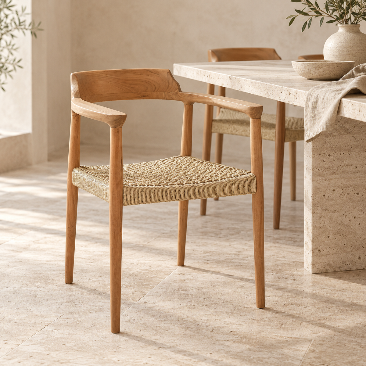 A modern wooden dining chair with a woven rope seat, positioned next to a stone table in a warm, minimalist dining room setting.