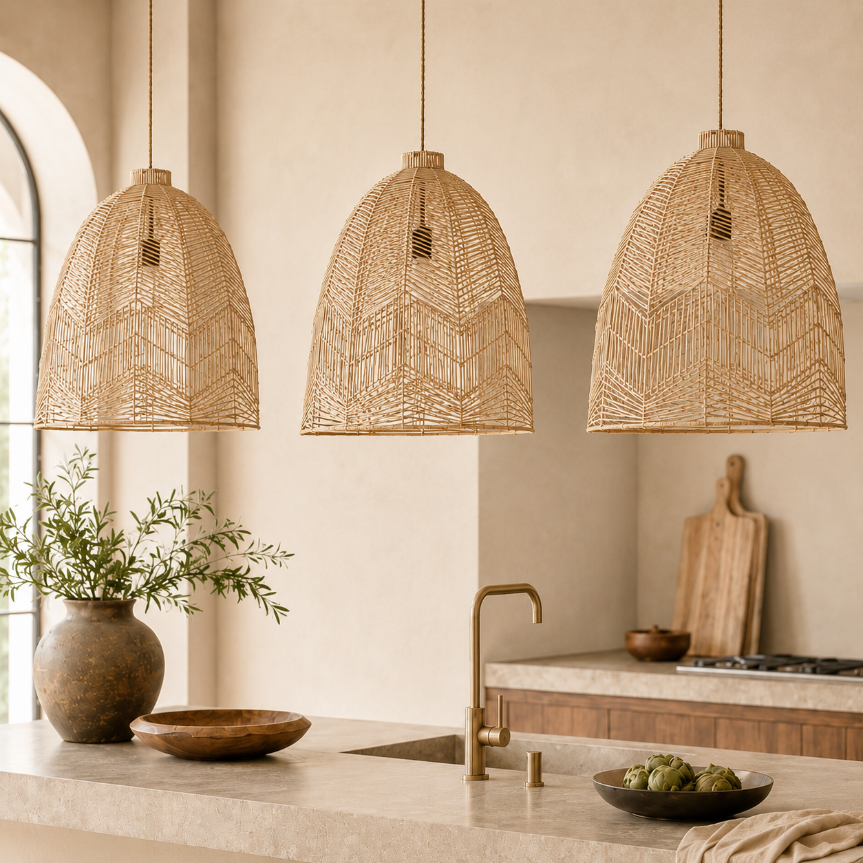 Three woven pendant light shades hang over a kitchen island with a brass faucet, stone bowl, and wooden cutting board in a warm neutral interior.