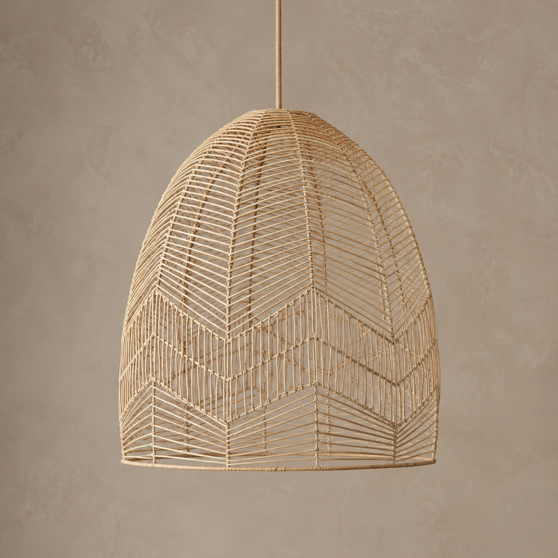 A woven pendant light with a natural rattan or wicker shade, suspended by a matching cord against a textured beige wall.