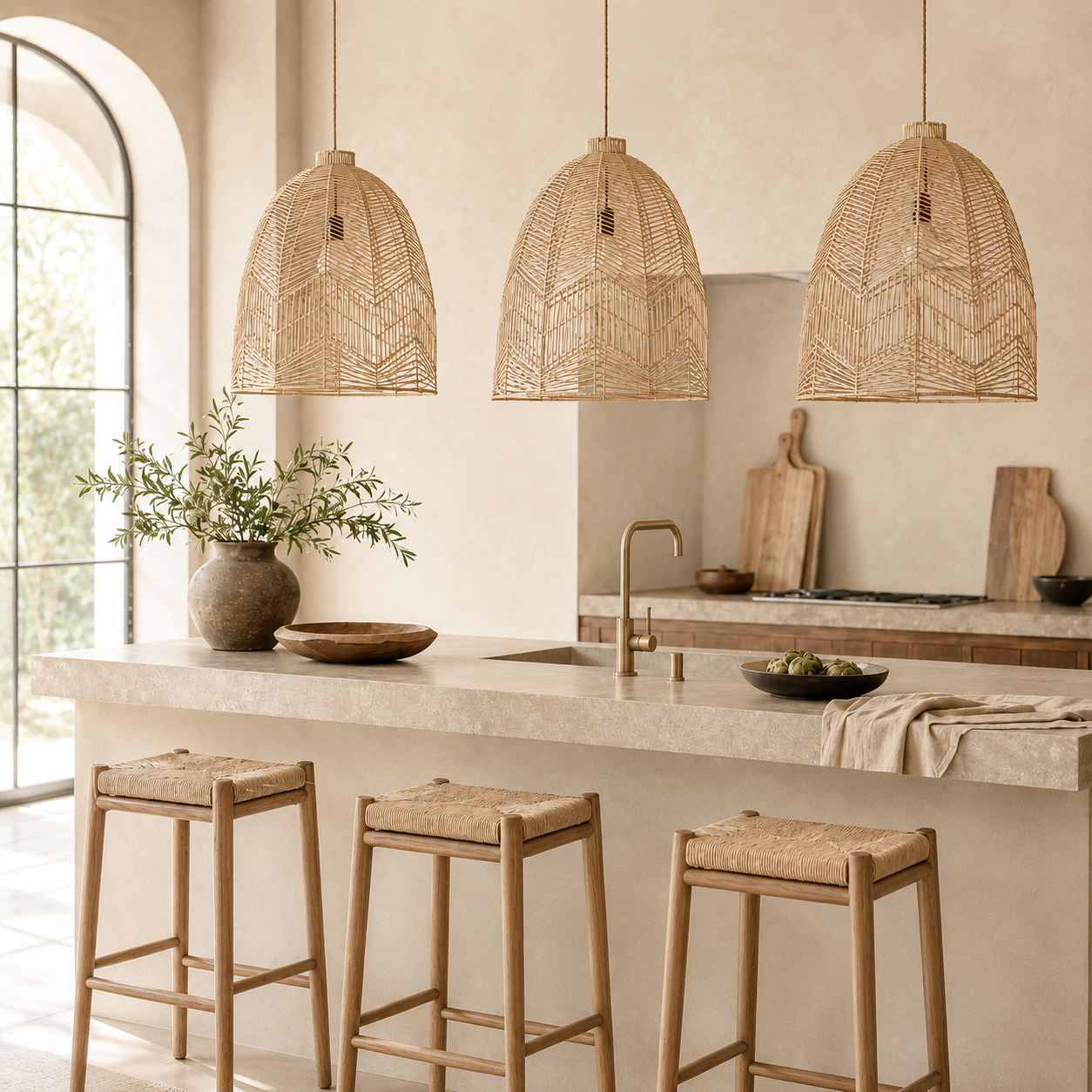 Three woven wicker pendant lights hang over a modern kitchen island with three matching woven bar stools in a warm, neutral-toned interior.