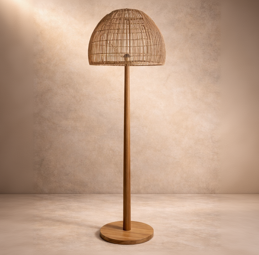 Wooden floor lamp with wicker shade against a beige wall.