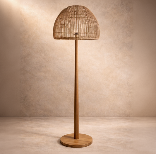 Wooden floor lamp with wicker shade against a beige wall.