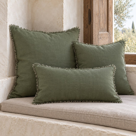 Noa Raw Linen Pillow – Olive Green