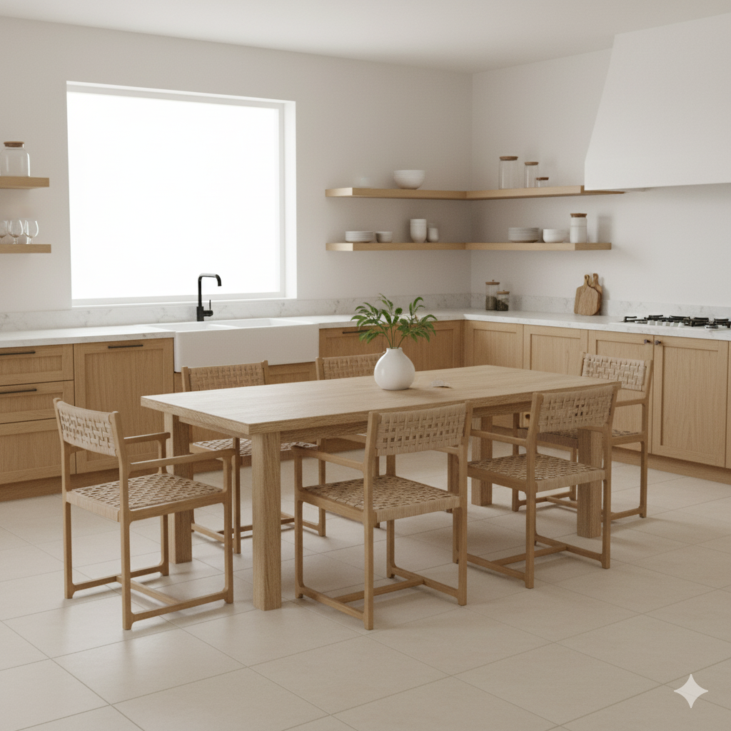 Modern kitchen with wooden dining table and chairs, light-colored cabinets, and a large window.