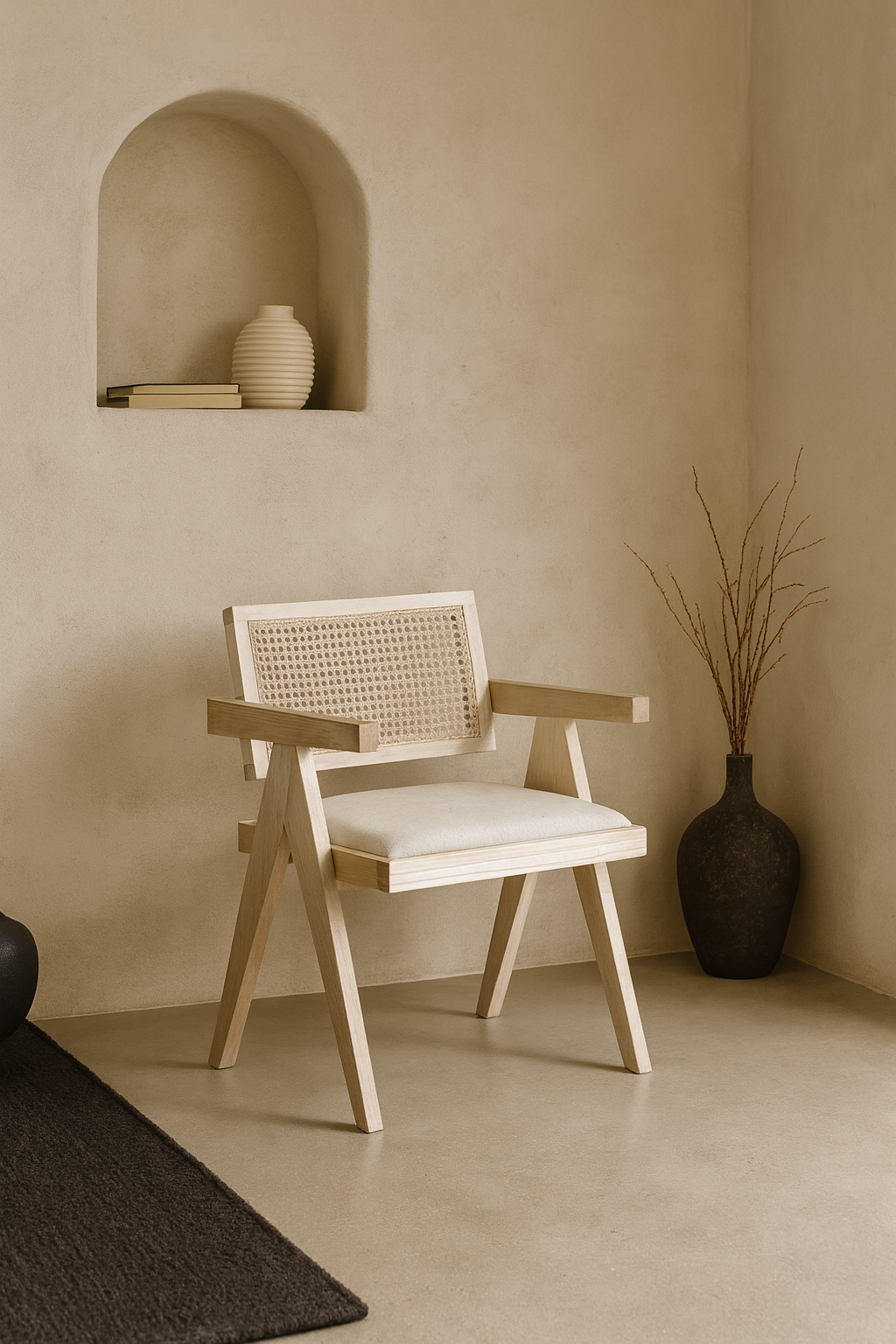 Wooden chair with woven backrest in a minimalistic room with a vase and plant.
