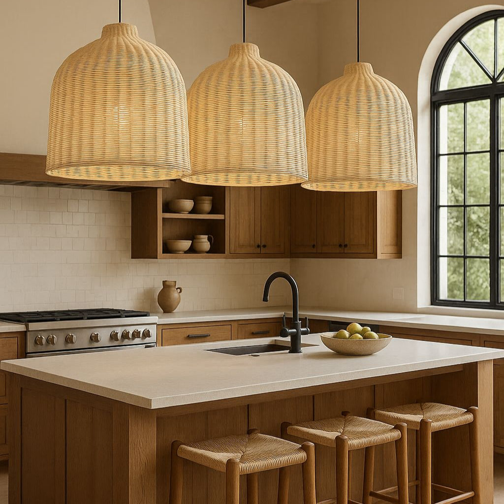 Modern kitchen with wooden island, pendant lights, and a window.