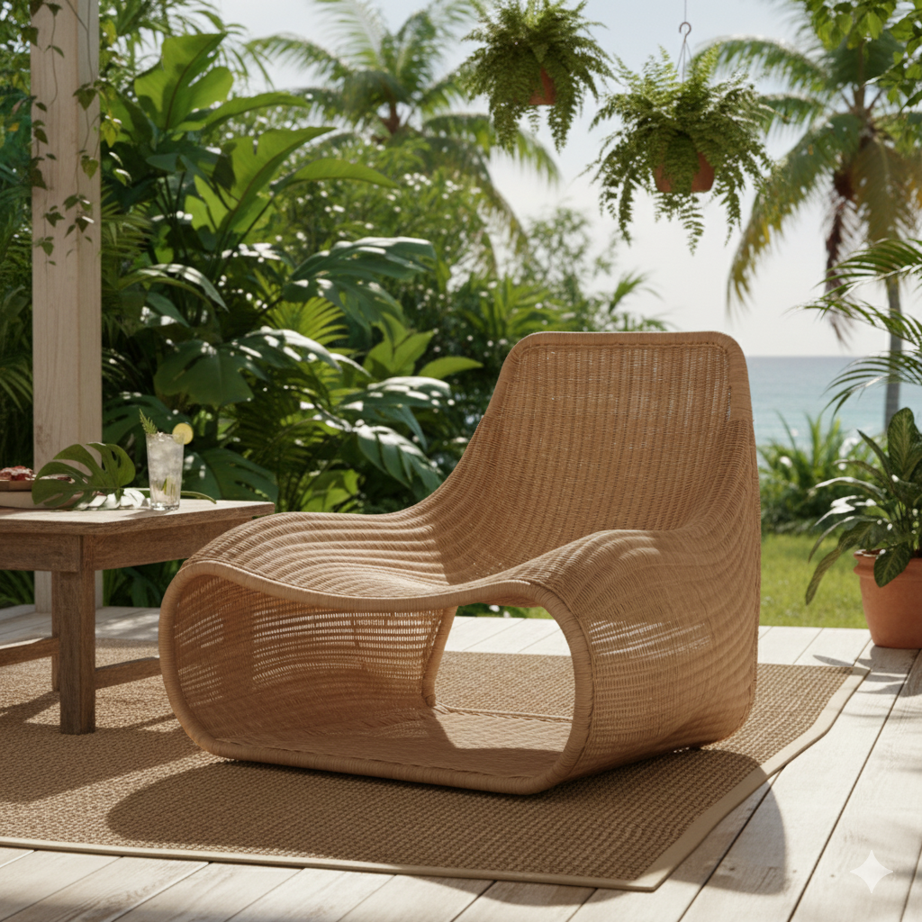 Woven chair on a wooden deck with plants and a table in the background