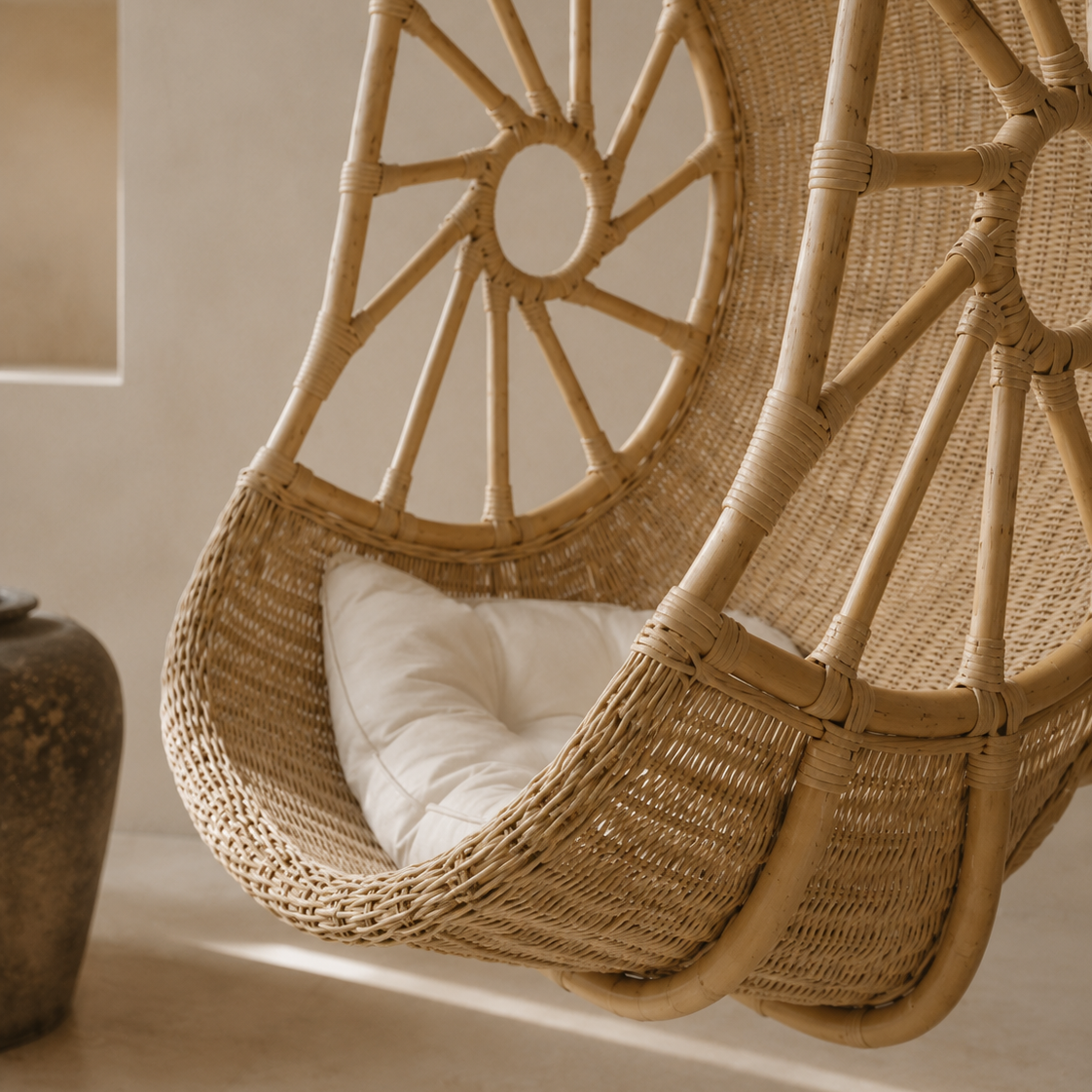 A close-up of a woven rattan hanging egg chair with a white cushion, set against a warm beige wall.