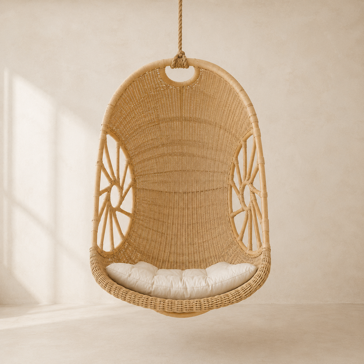 A natural woven rattan hanging egg chair with a white cushion, suspended by a rope against a warm beige wall.