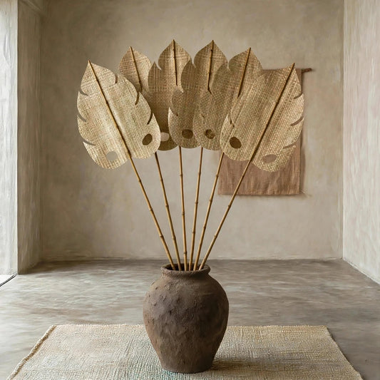 Handmade Monstera Leaf – Natural Woven Wall or Floor Accent with Bamboo Stem