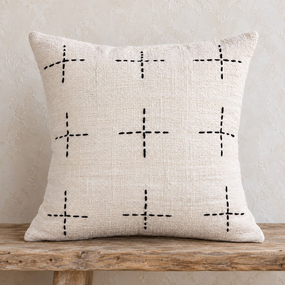 Lalabella Raw Pillow Cushion Cover – White with Black Hand-Stitched Cross