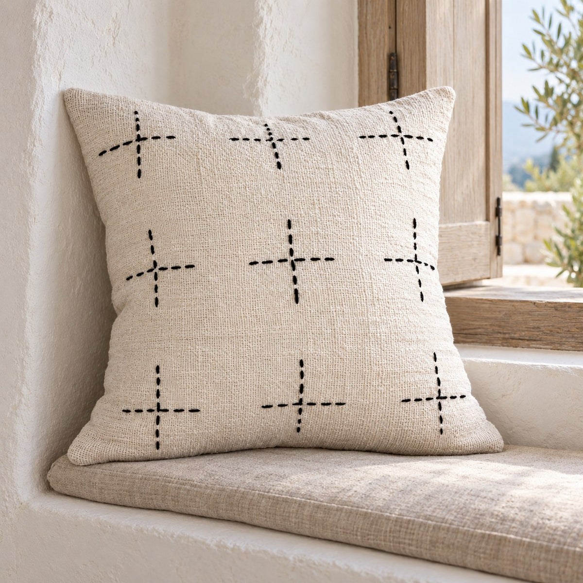 Lalabella Raw Pillow Cushion Cover – White with Black Hand-Stitched Cross