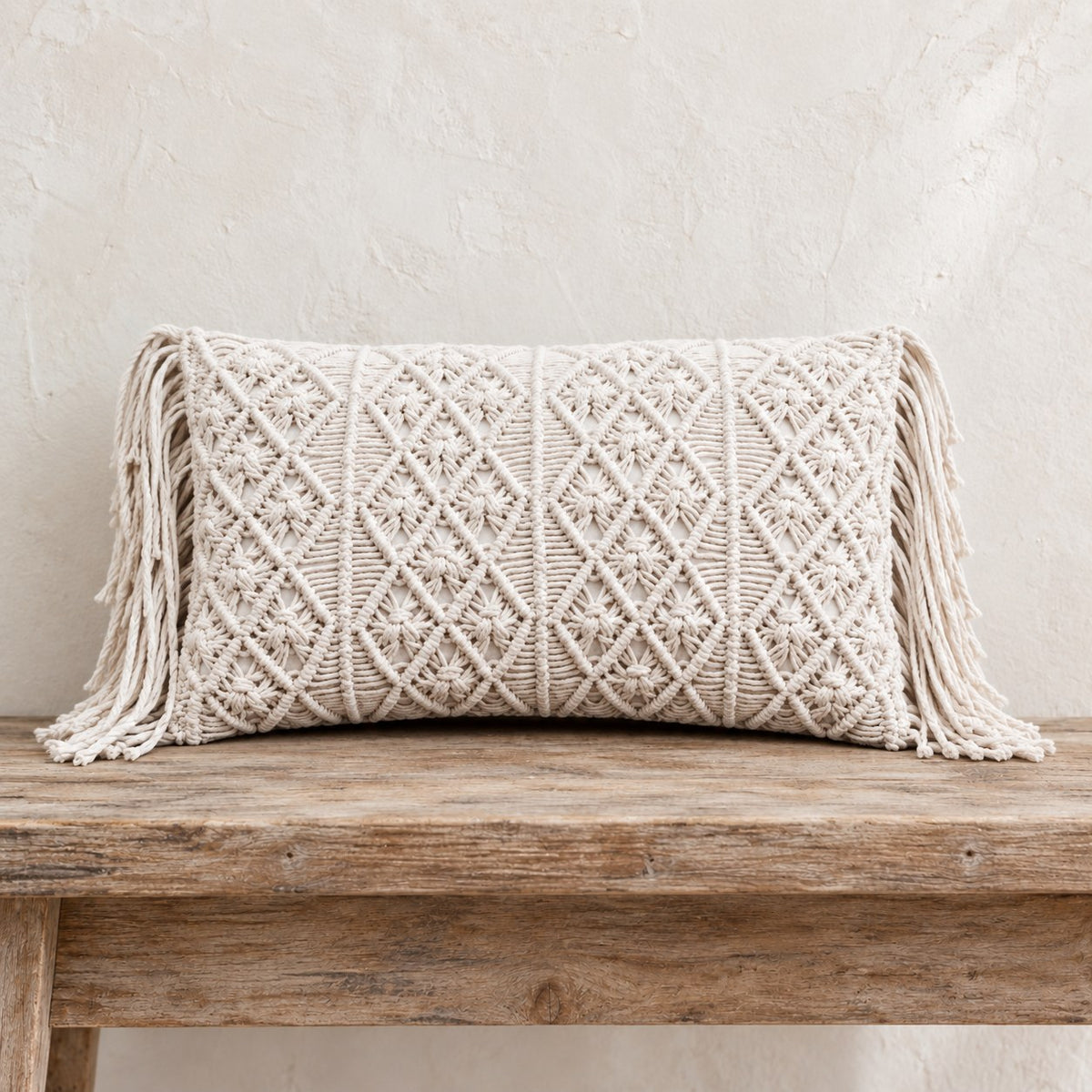 Luxe Lotus Handmade Cotton Macrame Lumbar Pillow Cover – Natural