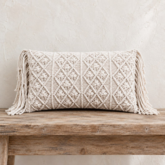 Luxe Lotus Handmade Cotton Macrame Lumbar Pillow Cover – Natural