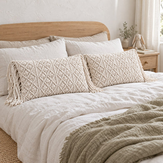 Luxe Lotus Handmade Cotton Macrame Lumbar Pillow Cover – Natural