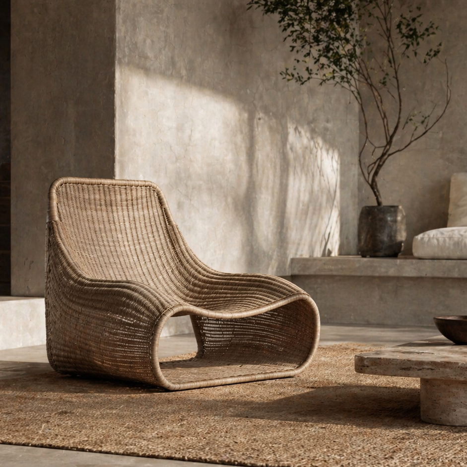 Woven chair in a modern outdoor living space with neutral tones.