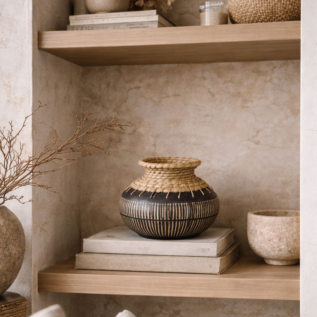 A styled interior shelf scene with natural woven baskets, ceramic vases, stacked books, and dried branches against a textured beige wall.