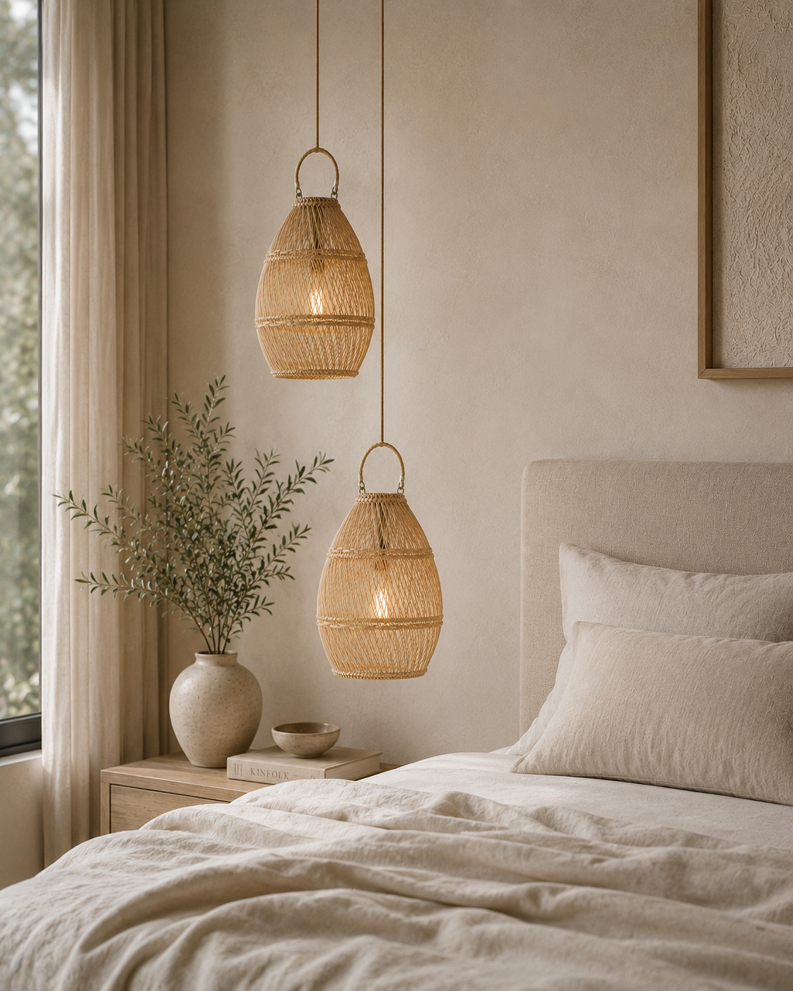 Bedroom with wicker pendant lights, a bed, and decorative elements.