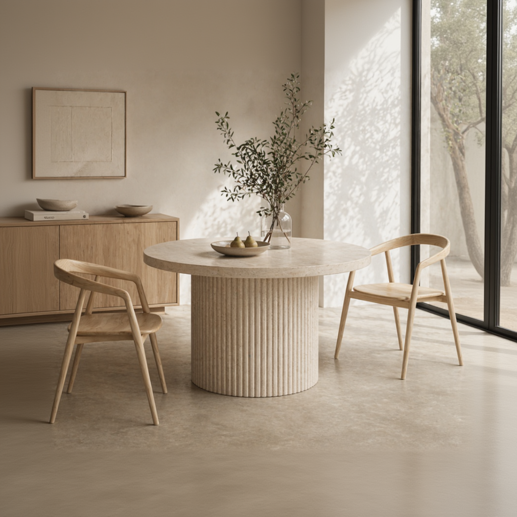 Round wooden dining table with two chairs in a modern interior setting.