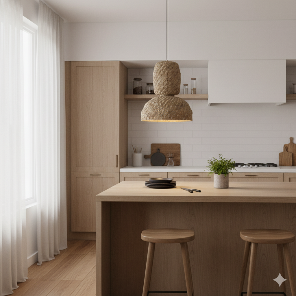 Modern kitchen with wooden island, stools, and pendant light.
