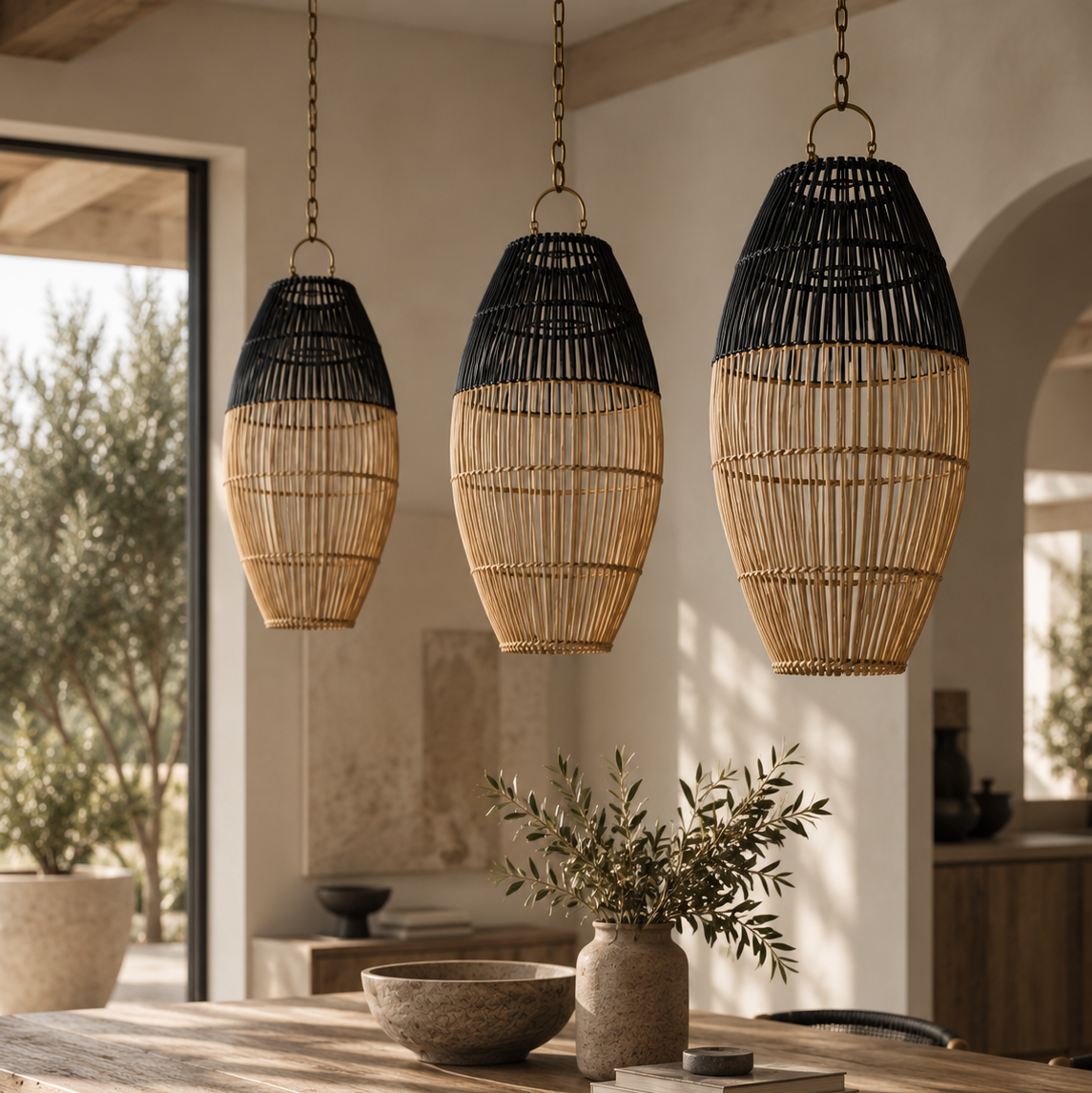 Three woven pendant lights with black and natural rattan shades hang over a rustic wooden dining table in a warm, sunlit interior with plants and neutral decor.