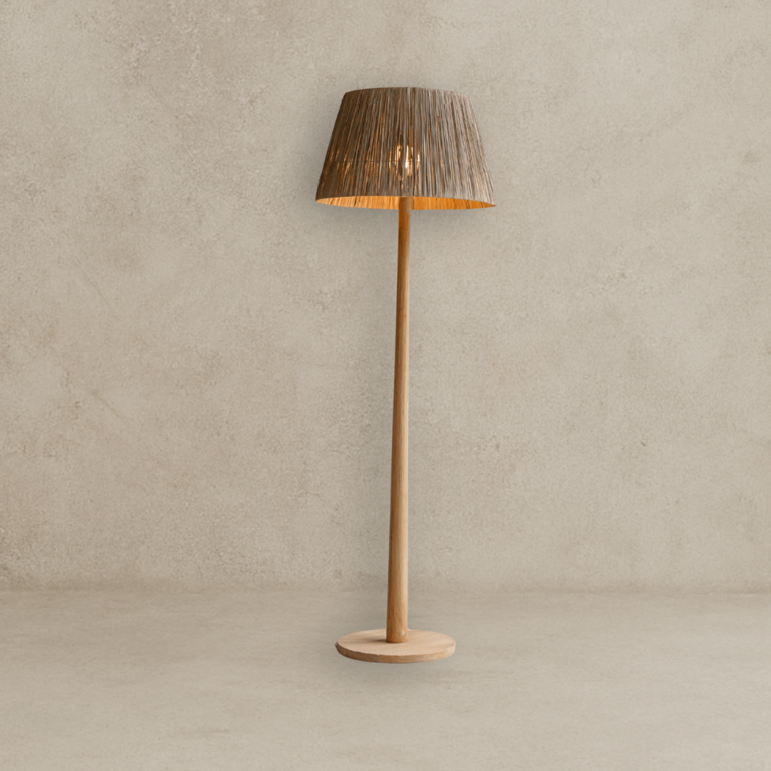 Wooden floor lamp with a textured shade on a neutral background