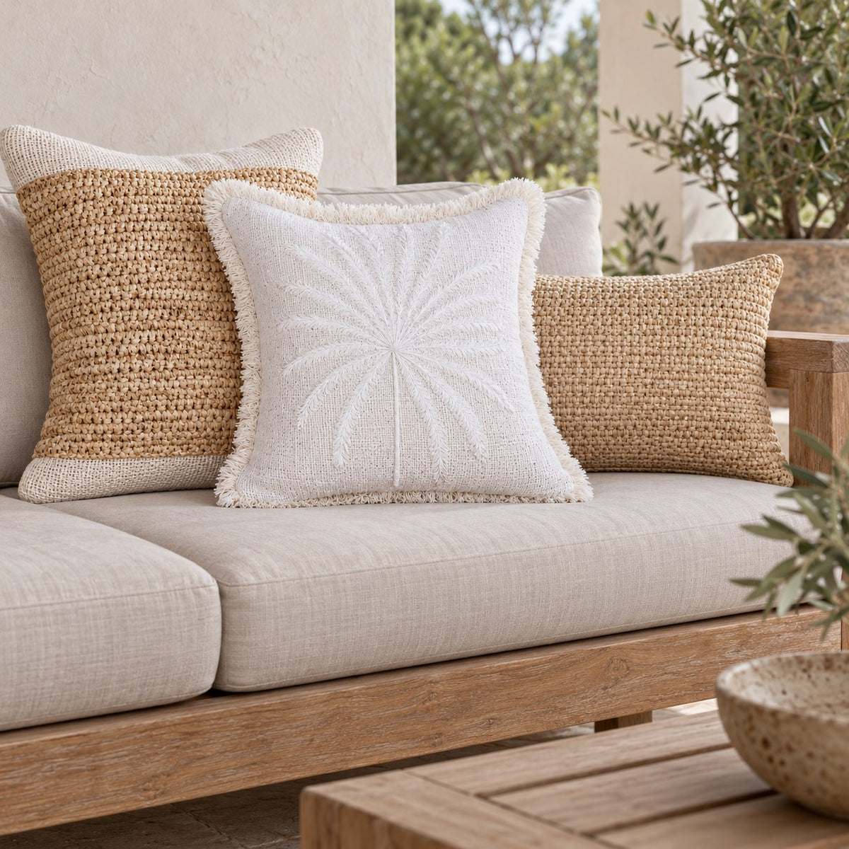 White Nora Handmade Cotton Coconut Palm Pillow Cover