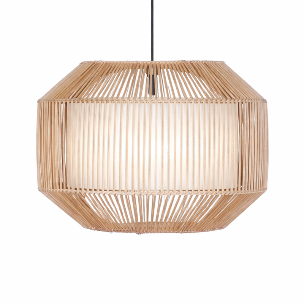 Wooden pendant lamp with a white shade on a white background