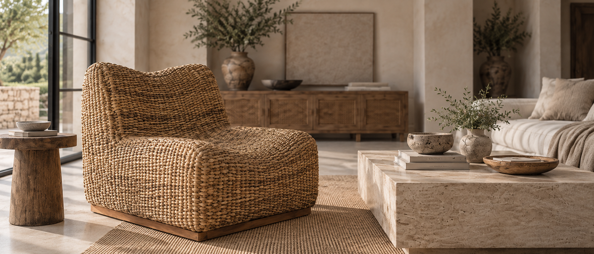 A modern woven wicker armchair in a warm natural tan color, styled in a contemporary, sunlit living room with a stone coffee table, wooden console, and neutral-toned sofa in the background.