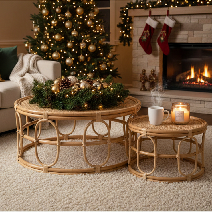 Cozy living room with Christmas tree, fireplace, and decorative items.