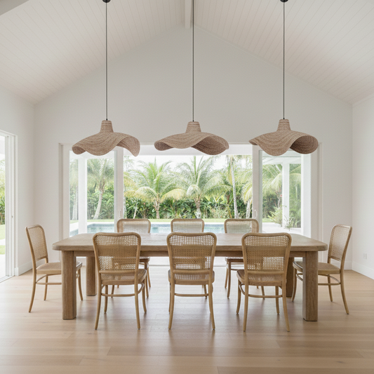 Dining area with wooden table and chairs, large windows, and outdoor view.