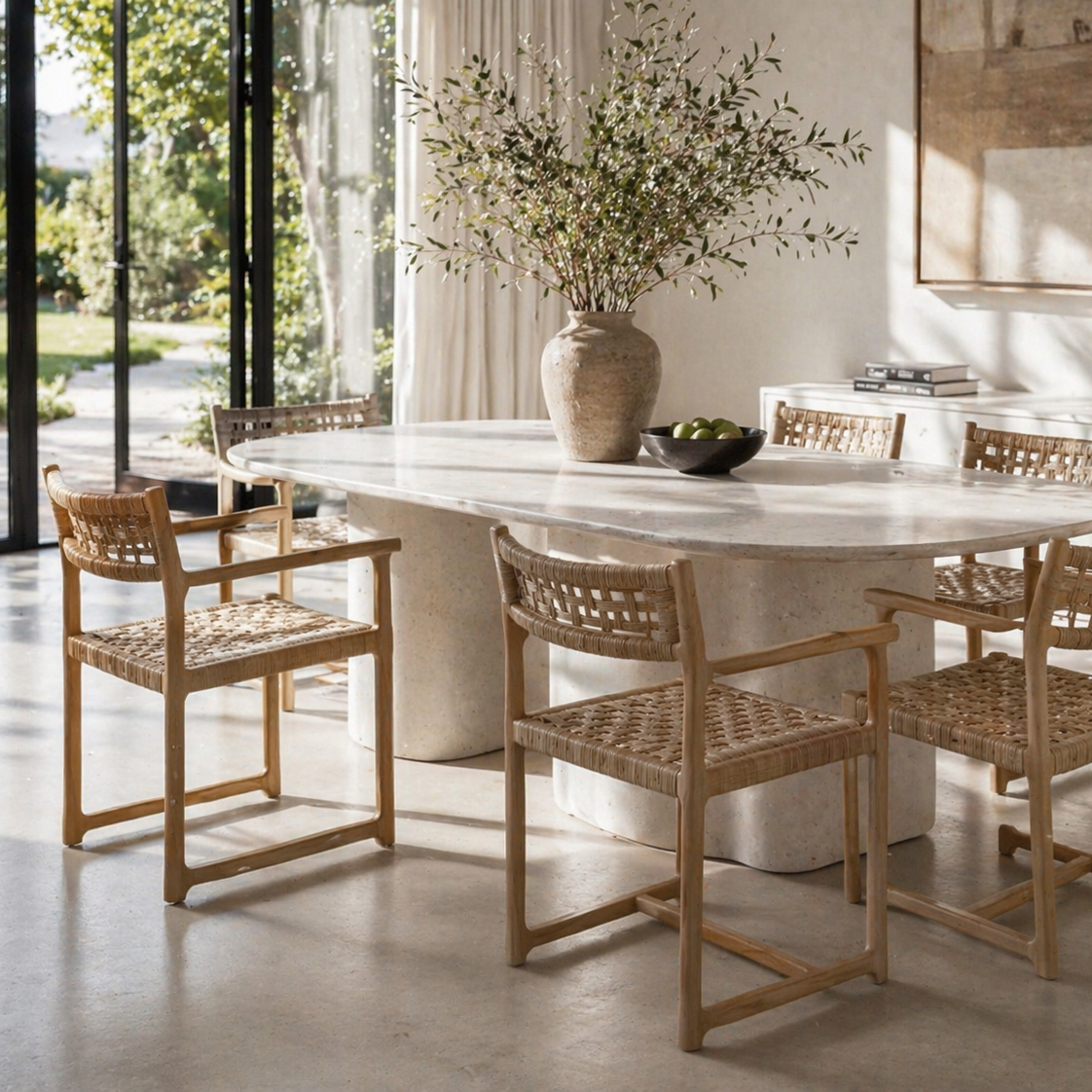 Round marble dining table with wicker chairs in a bright room with large windows.