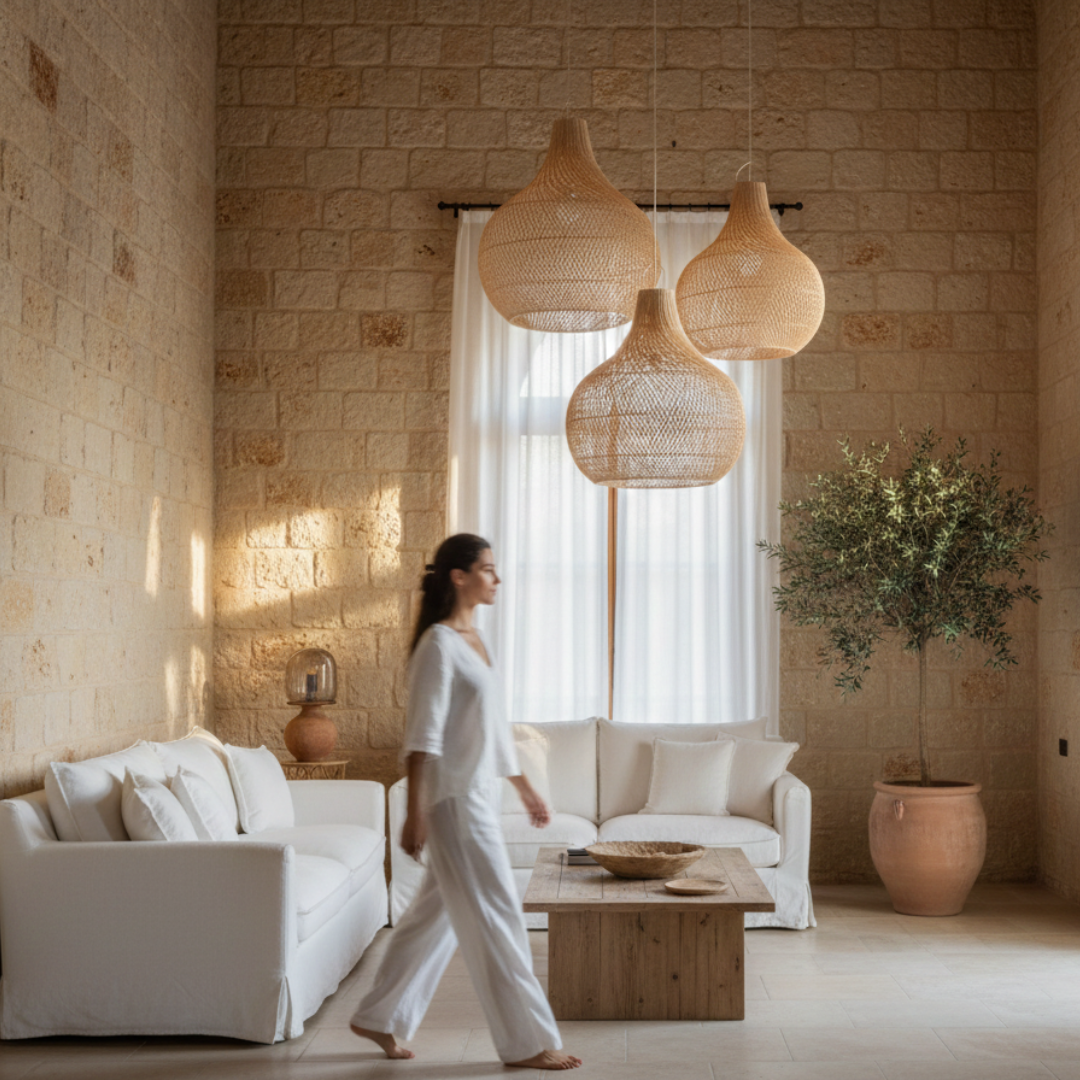 Woman walking through a modern living room with white furniture and wicker lamps.