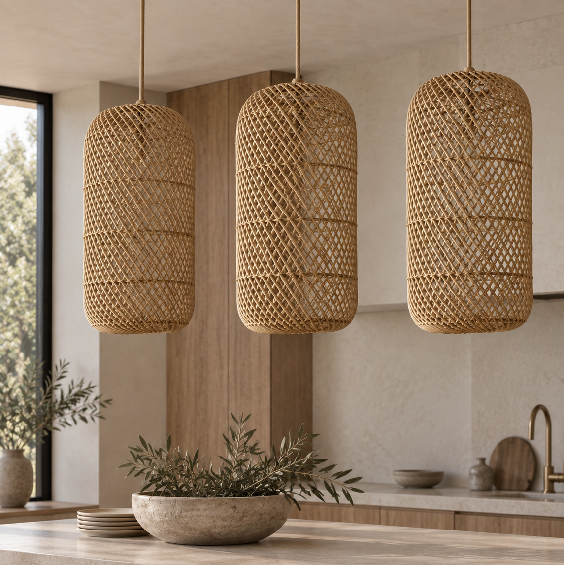 Three woven cylindrical pendant lights in a warm natural rattan finish hang over a modern stone kitchen island in a softly lit interior.