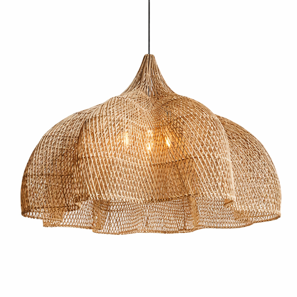 Woven pendant light on a white background