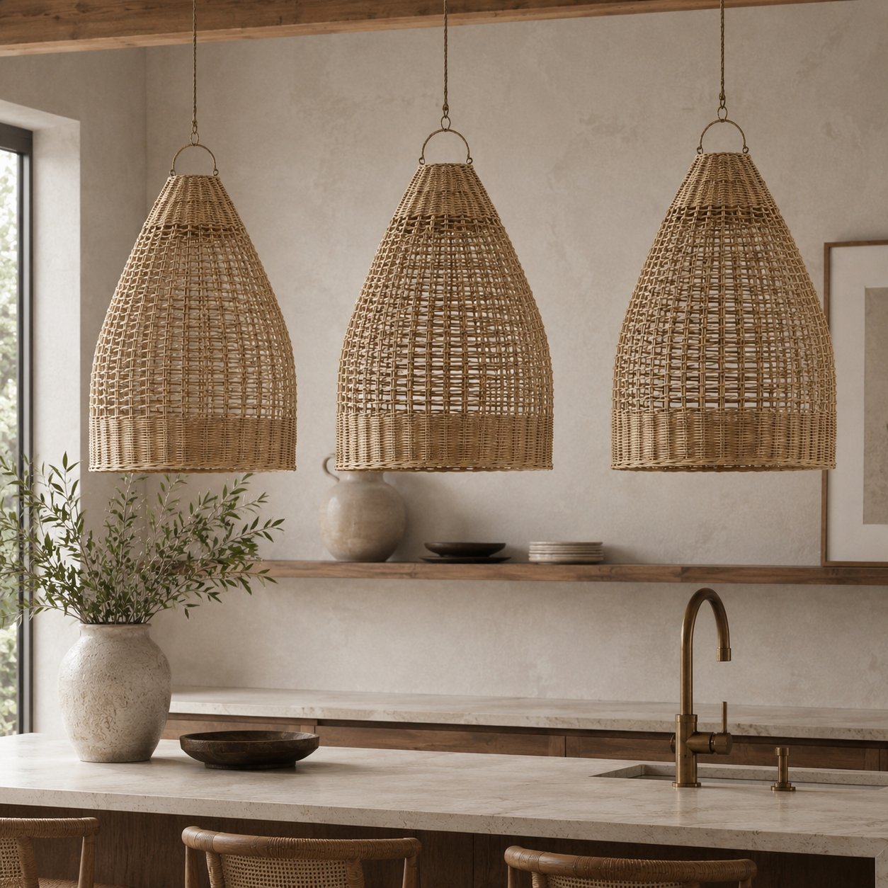 Three woven rattan pendant lights hang over a modern kitchen island with a stone countertop, brass faucet, and neutral-toned decor.
