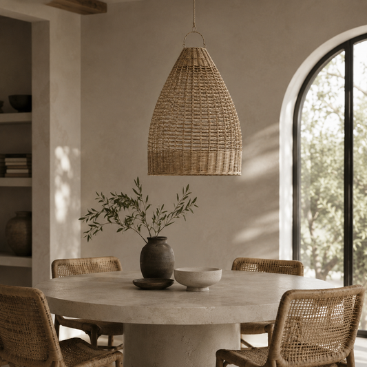 A woven natural fiber pendant light hangs over a round dining table in a warm, sunlit room with wicker chairs, a ceramic vase with greenery, and an arched window.