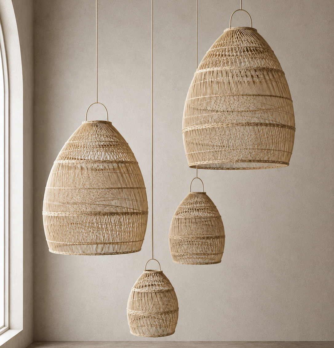 Three woven pendant light shades in different sizes hanging from thin cords in a minimalist room with a textured beige wall and floor.