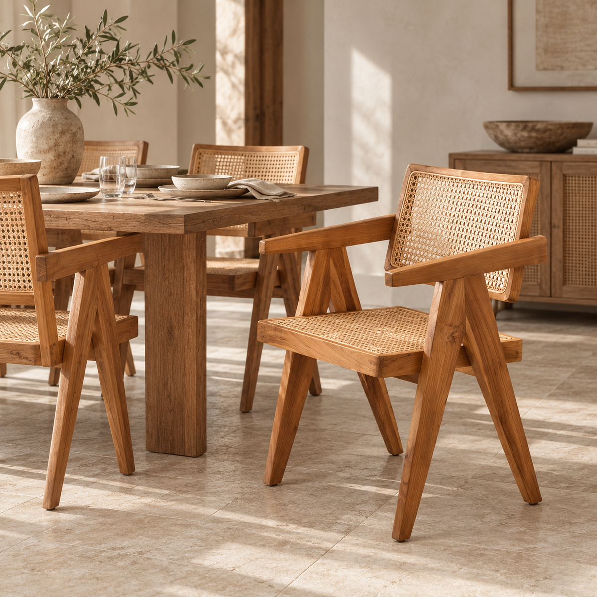 A mid-century modern wooden dining table and matching chairs with woven cane seats and backs, styled in a warm, sunlit dining room.