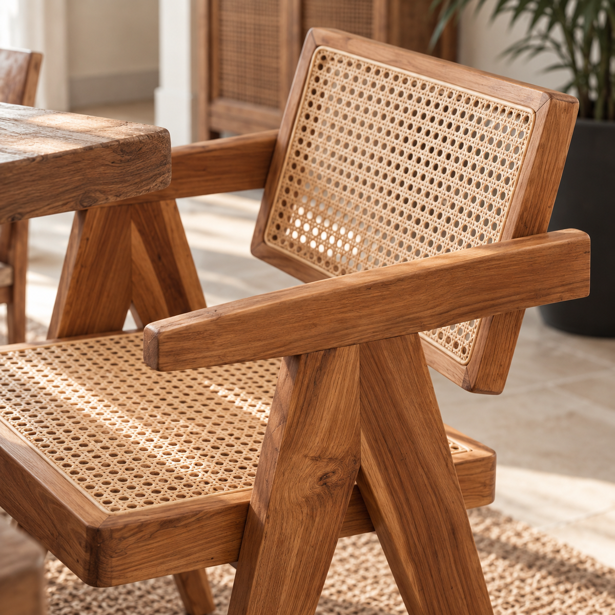 A close-up of a wooden dining chair with a woven cane or rattan seat and back, shown in a warm indoor setting with a table and rug nearby.