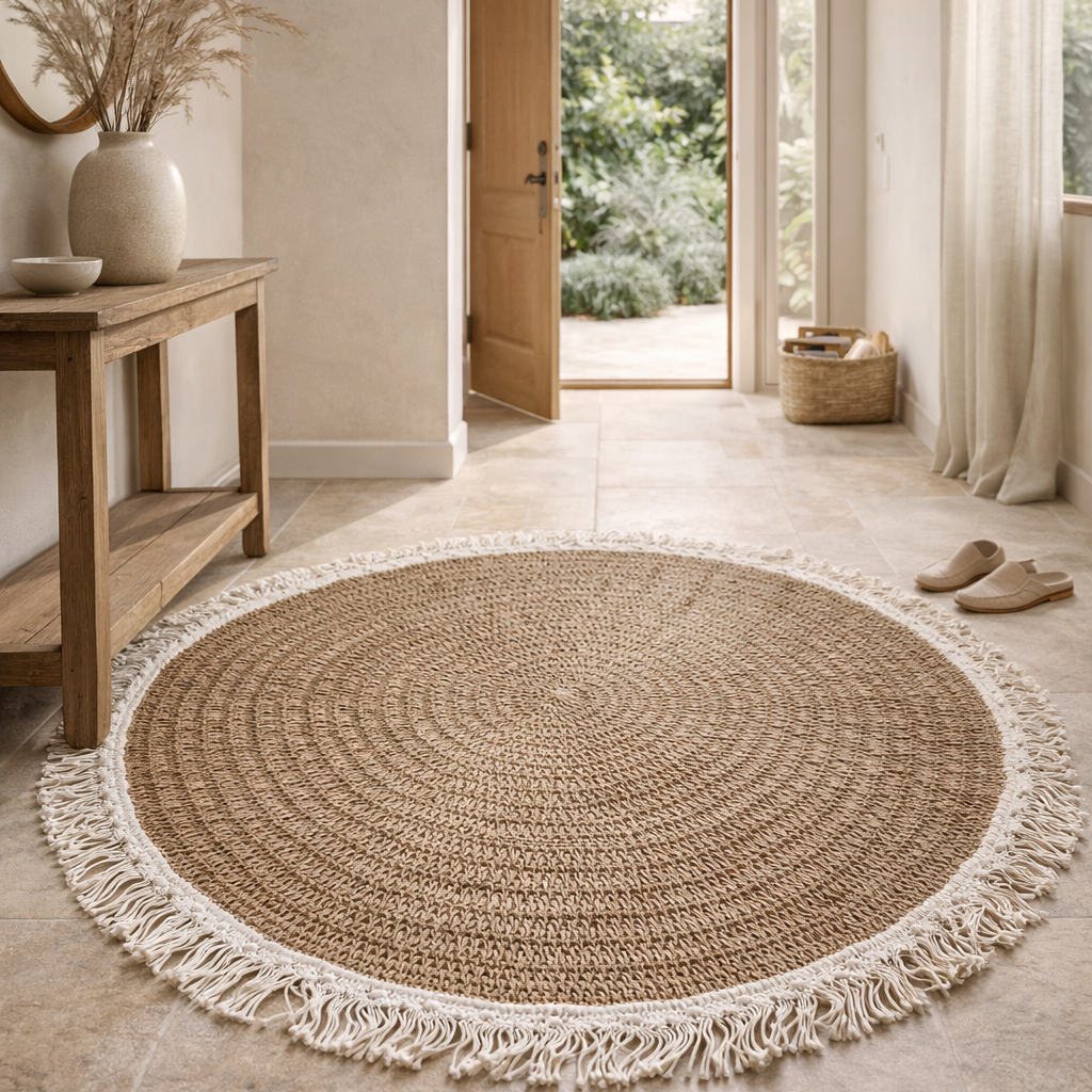 Round braided rug with tassels on a tiled floor in a bright room with a door leading outside.